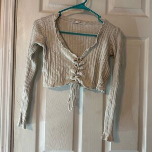 Cream Ribbed Lace-Up Women's Top